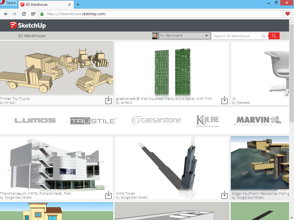 Het 3D Warehouse in een webbrowser